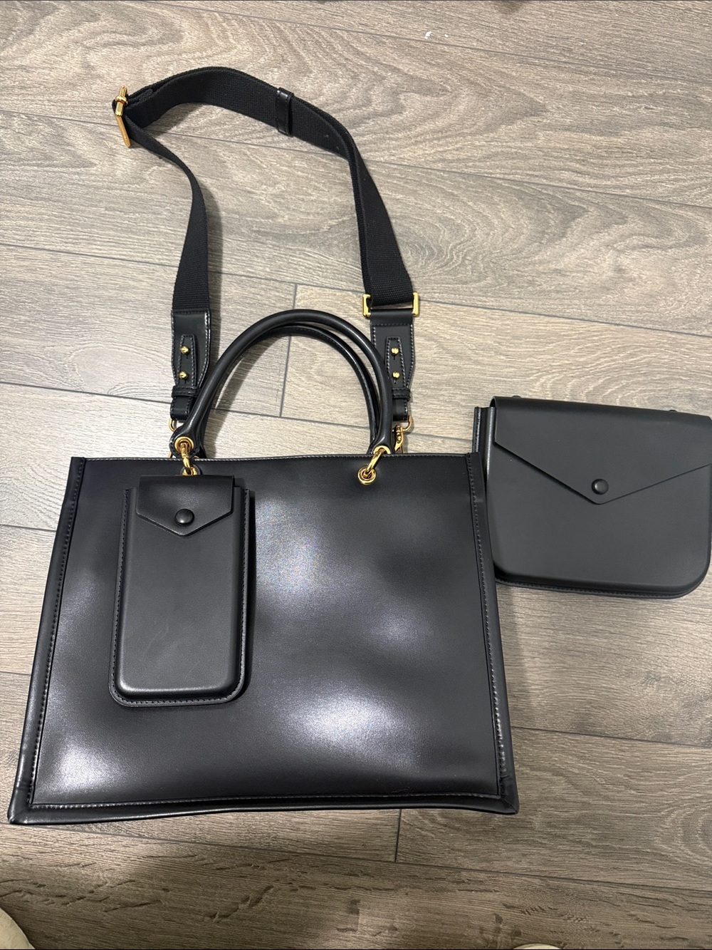 Charles & Keith Black Leather Tote with Removable Strap and Accessory Pouches
